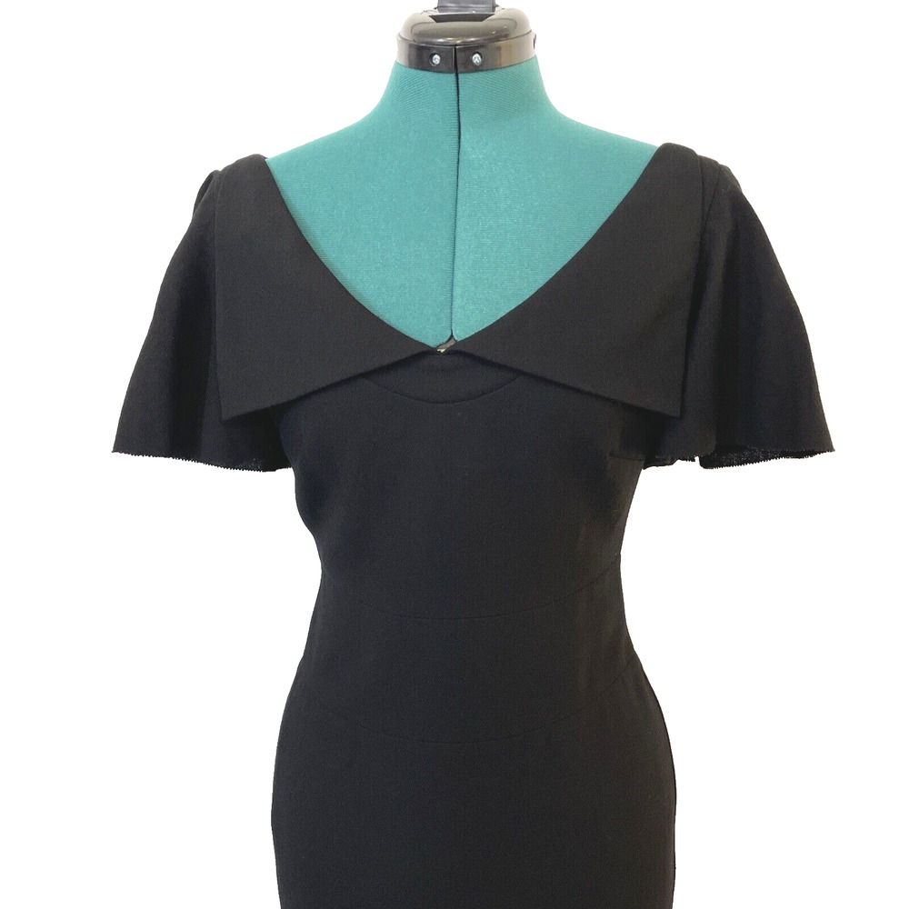Ted Baker London Black 100% Wool Flutter Sleeve V-Neck Sheath Dress Size 2 - Picture 3 of 12